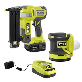 RYOBI ONE+ 18V 18-Gauge Cordless AirStrike Brad Nailer with Cordless 5 in. Random Orbit Sander 4.0 Ah Battery Charger P321K1N-PCL406B