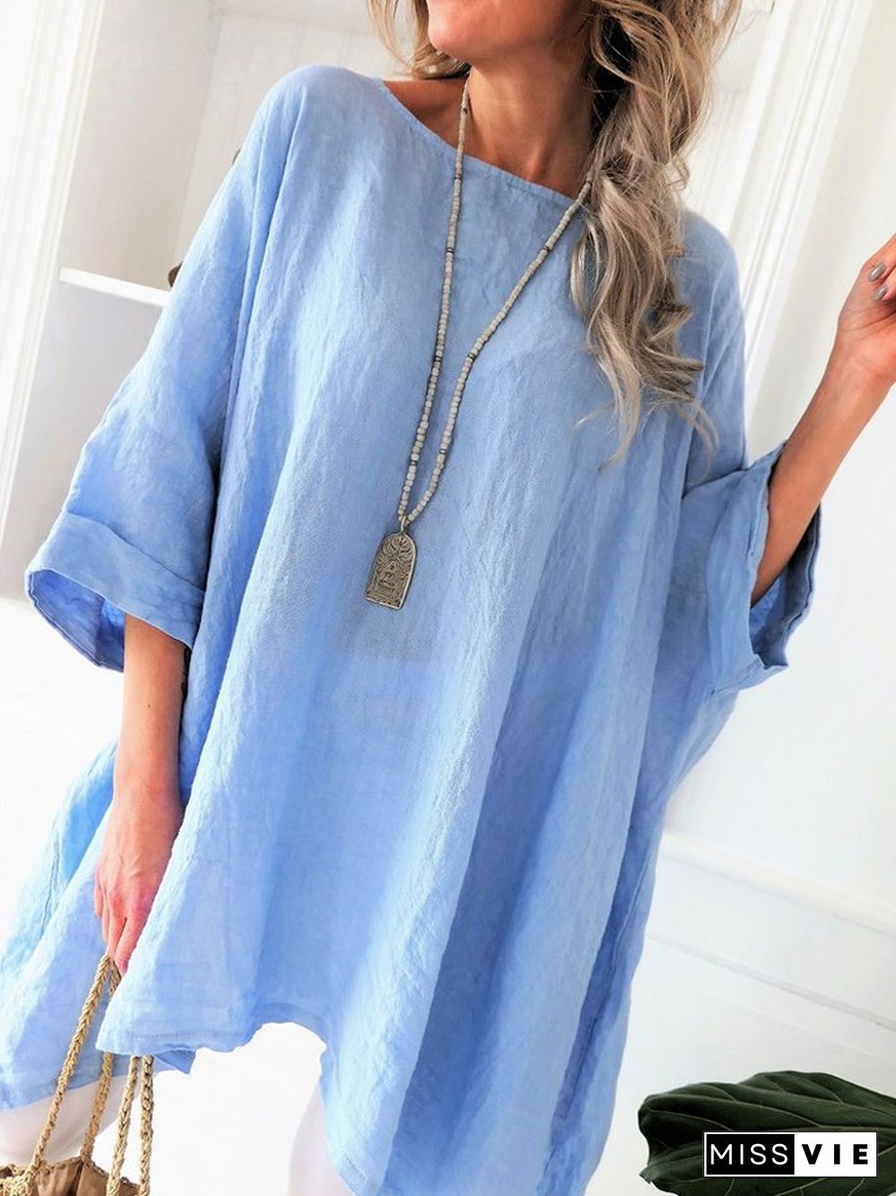 Large Size Women's Solid Color Cotton Linen Short T Loose Short Sleeve Dress