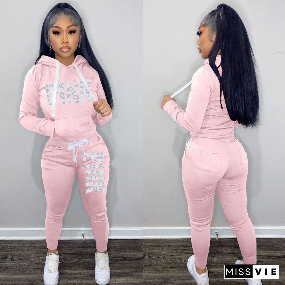 PINK Letter Print Hoodie Sweatshirt 2 Piece Pants Sets