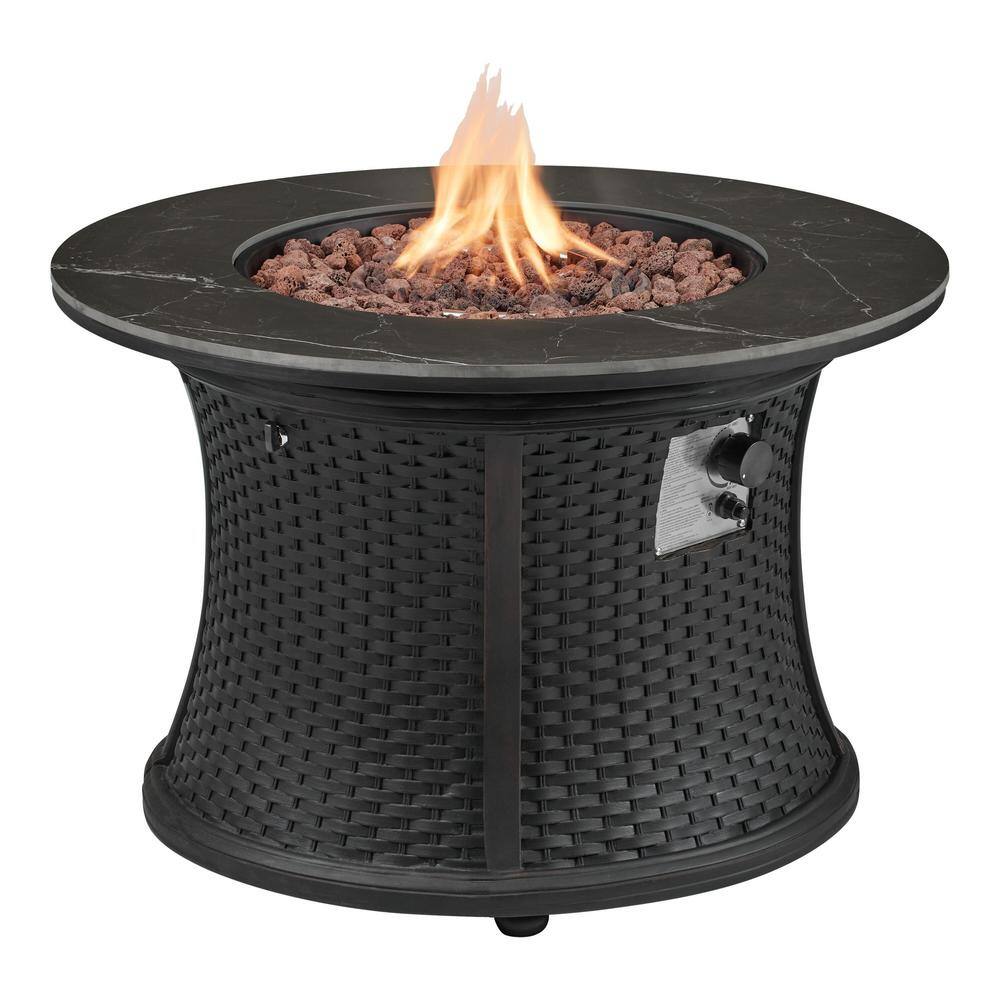 Hampton Bay 35.2 in. W x 24 in. H Round Wicker Finish Fire Table with Sintered Stone Tabletop FP58031-B