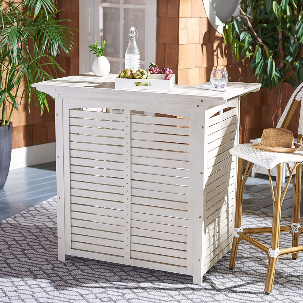 Outdoor Bar Table  Slatted Design Constructed With Acacia Wood  amp3 Shelves   Beach Style   Outdoor Pub And Bistro Tables   by Decor Love  Houzz