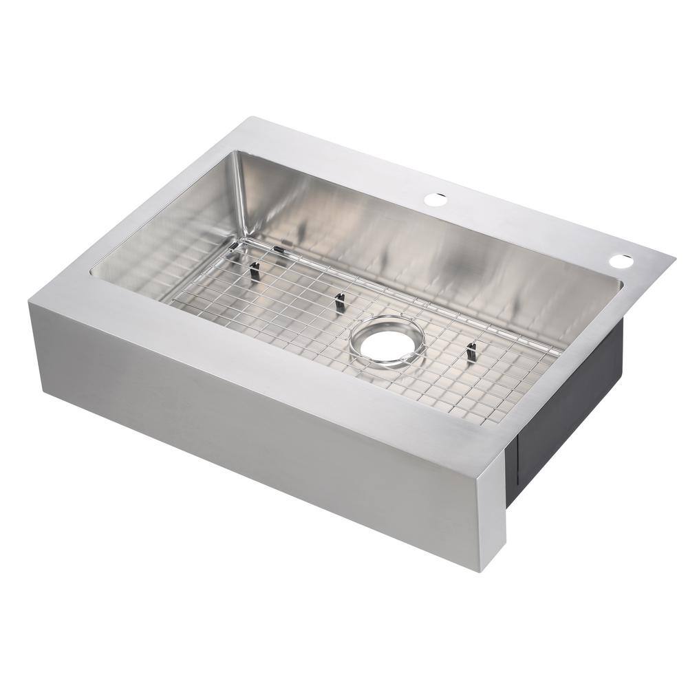 Glacier Bay Retrofit Drop-In Stainless Steel 33 in. 2-Hole Single Bowl Flat Farmhouse Apron Front Kitchen Sink 302-7352