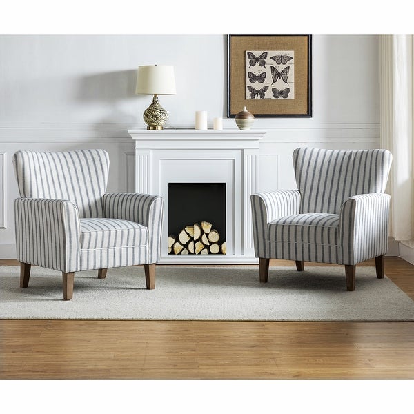 Warren Farmhouse Striped Wingback Chair with Solid Wood Legs Set of 2 by HULALA HOME