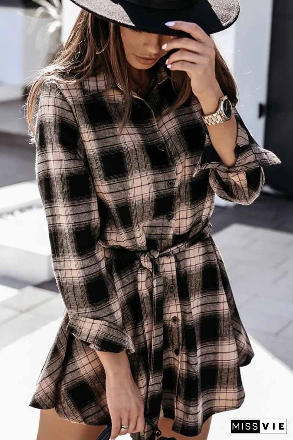 Long Sleeve Plaid Shirt Mini Dress