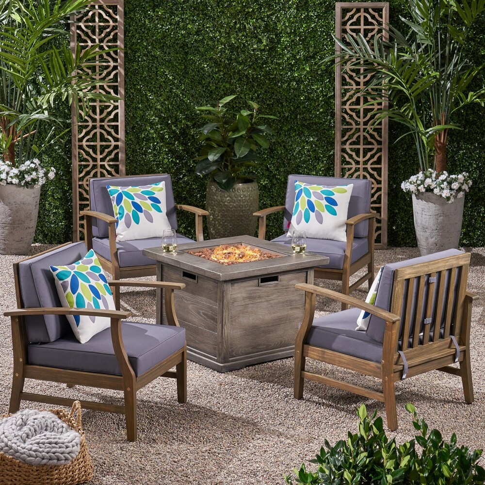 Havana Outdoor 4 seater Wood Chat Set with Fire Table by Christopher Knight Home