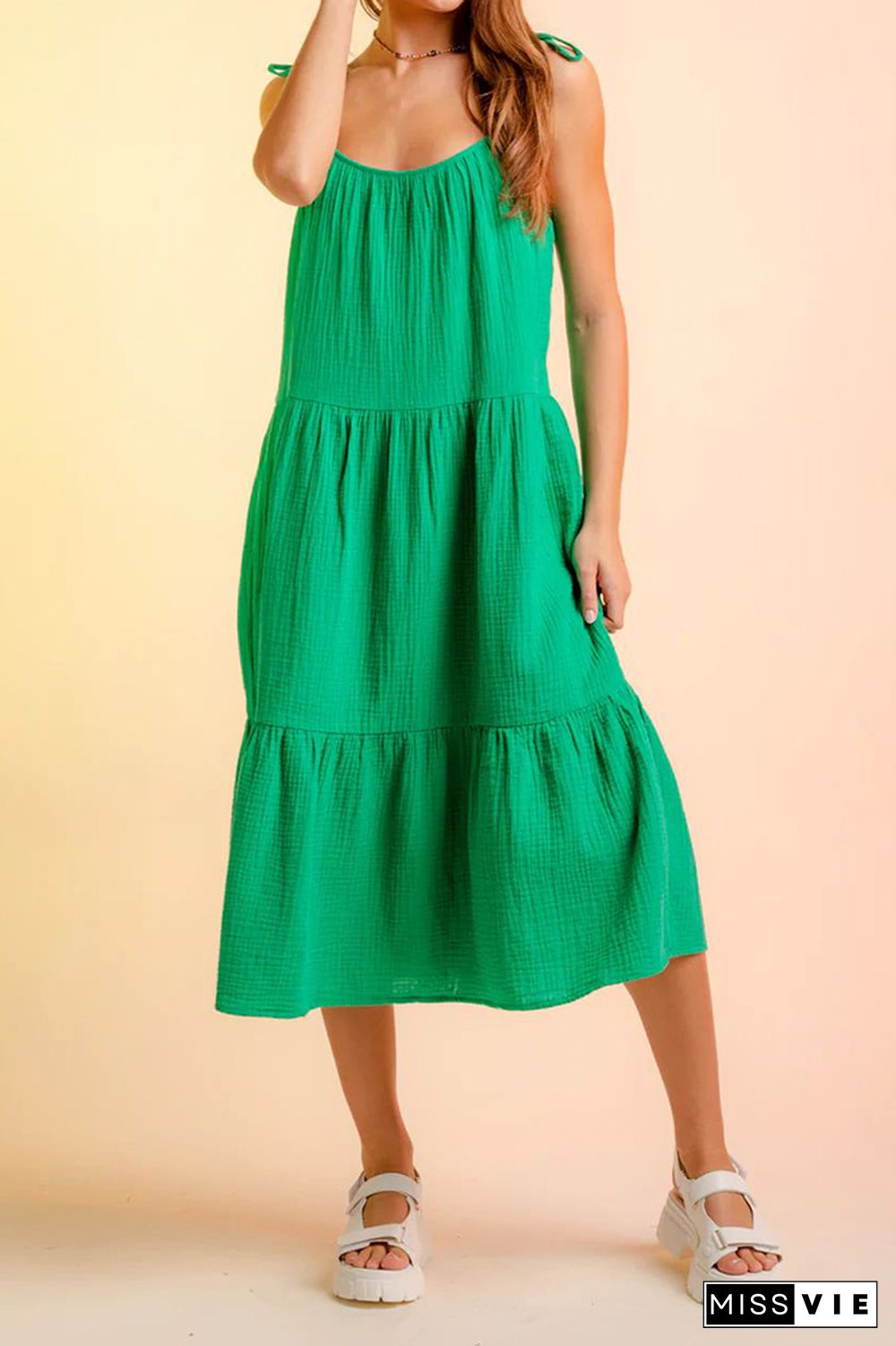 Plain Tie Cami Strap Tiered Midi Dress