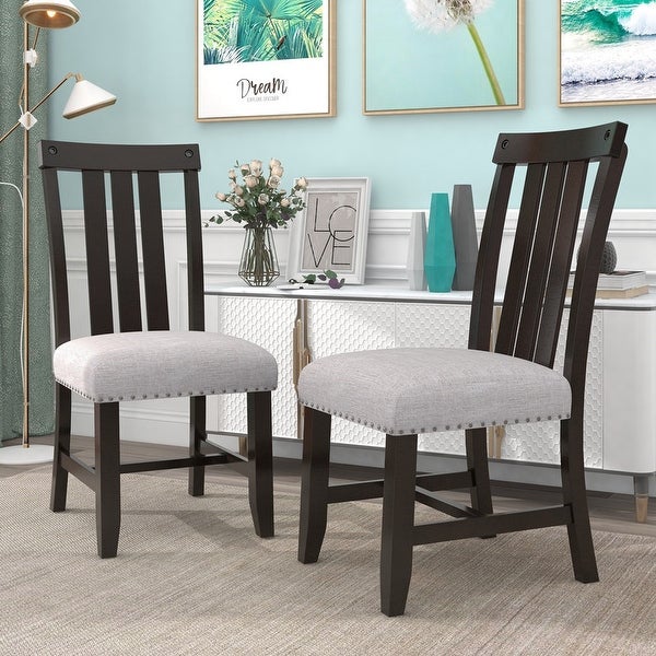 2 sets of fabric upholstered dining chairs with silver nails and solid wood legs， seat height -19.5