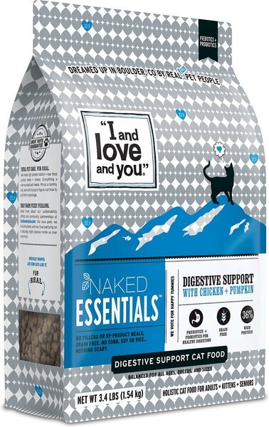 I and Love and You Naked Essentials Digestive Support Chicken and Pumpkin Recipe Dry Cat Food， 3.4-lb bag