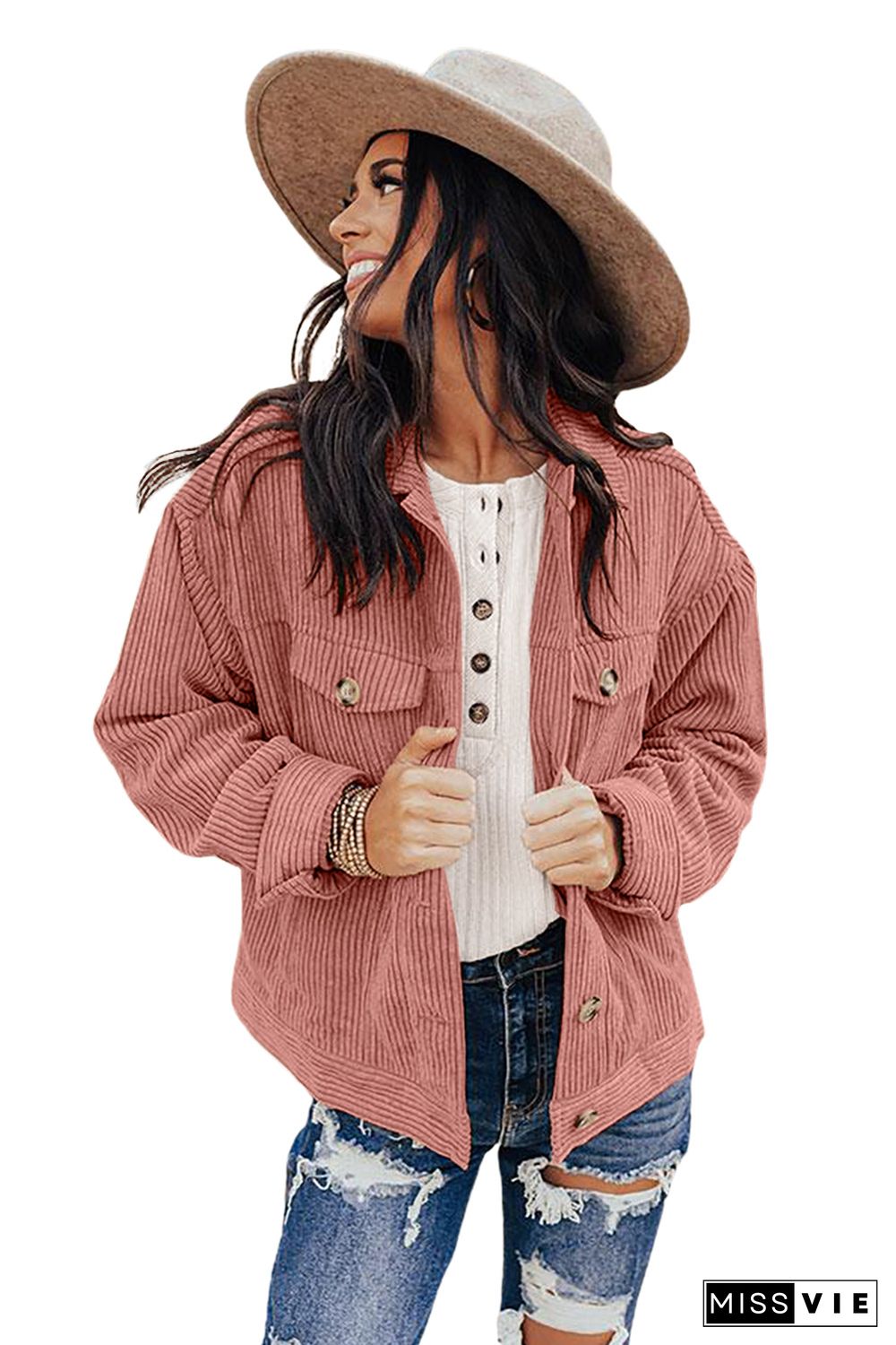 Pink Ribbed Corduroy Long Sleeve Jacket with Pocket