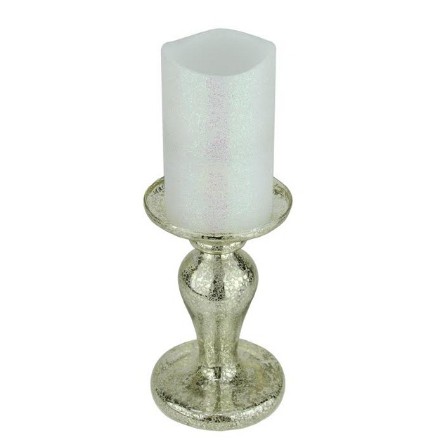 Battery Operated Iridescent White Flameless Pillar Candle With Silver Stand