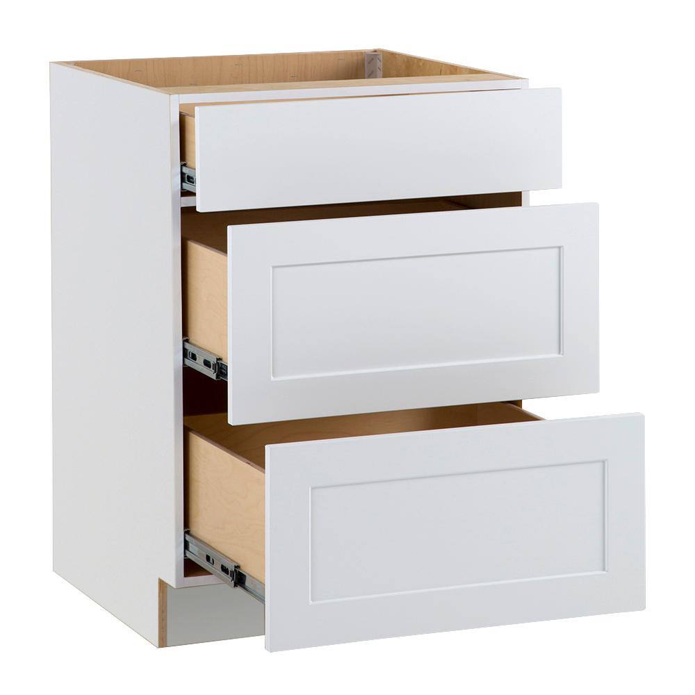 Hampton Bay Cambridge White Plywood Assembled Base Kitchen Cabinet with 3-Soft Close Drawers (24 in. W x 24.5 in. D x 34.5 in. H) CM2435D-WH