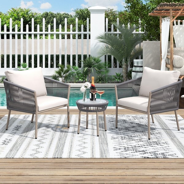 3 PCS Outdoor Rattan Conversation Set， Light Luxury Simple Woven Rope Outdoor Chair Set with 2 Single Chairs and Coffee Table - Overstock - 37780025