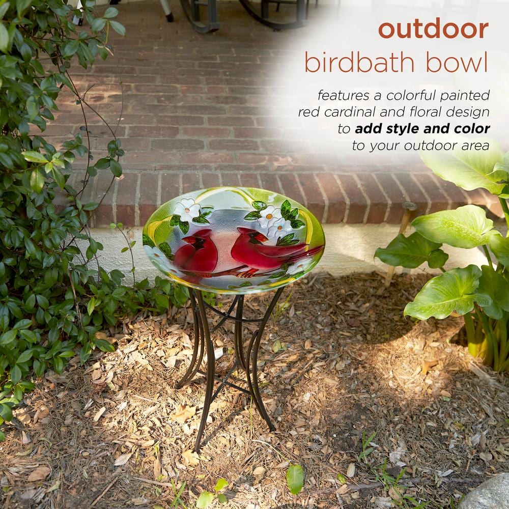 Alpine Corporation 18 in. Round Outdoor Birdbath Bowl Topper with Painted Red Cardinal and Floral Design KPP608T-18