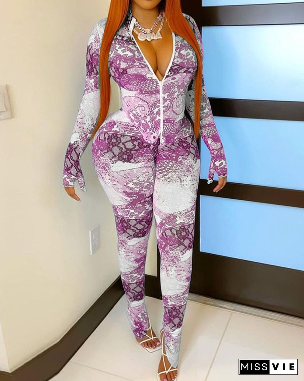 Wave Print V-Neck Zipper Front Jumpsuit