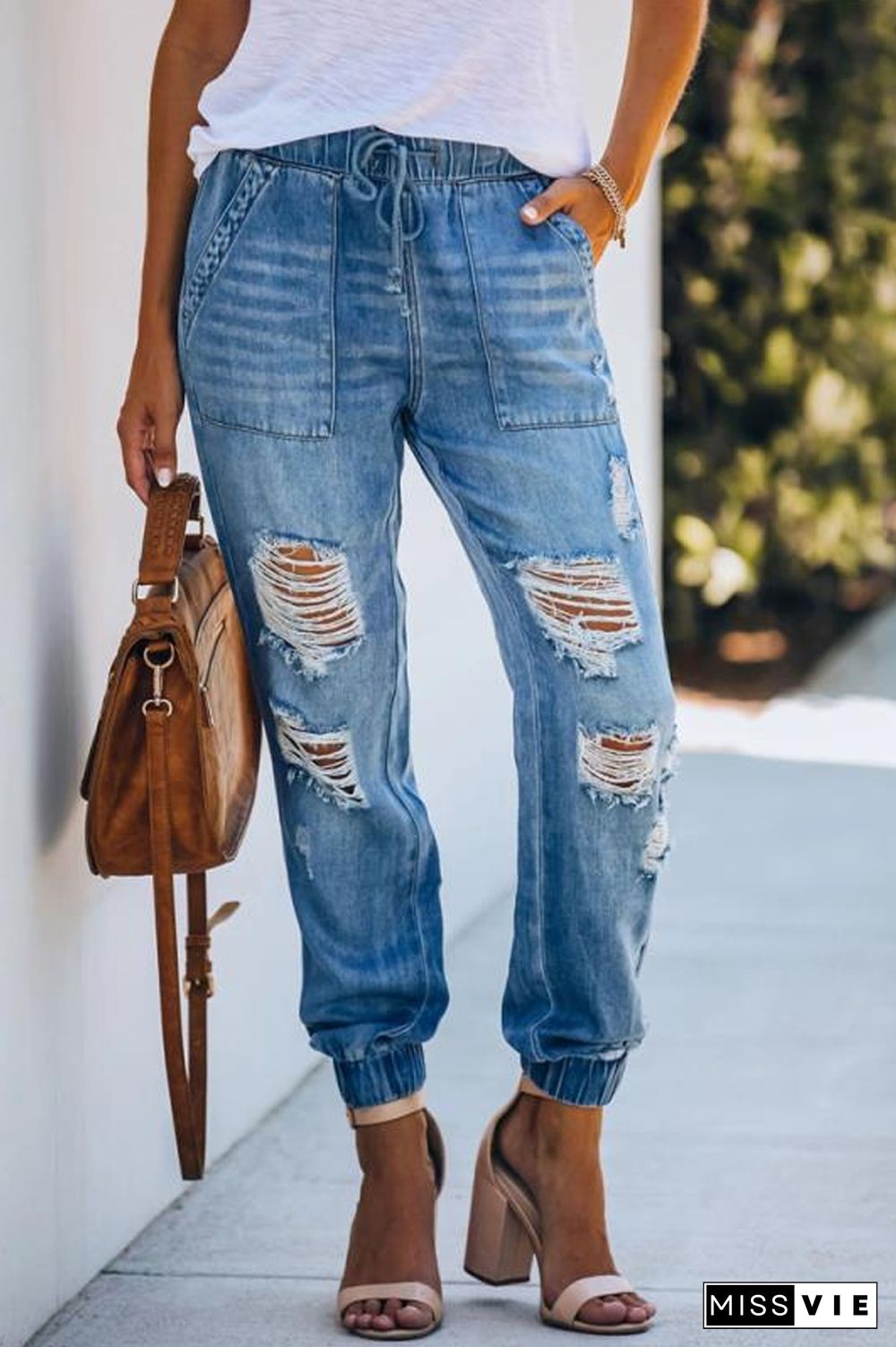 Denim Hole Drawstring Waist Pants