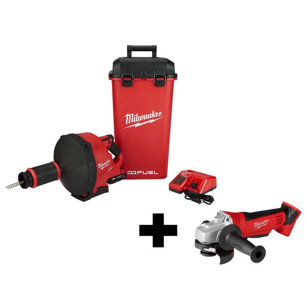 MW M18 FUEL 18V Lithium-Ion Cordless Drain Cleaning Snake Auger Kit with M18 4-12 in. Cut-OffGrinder 2772A-21-2680-20