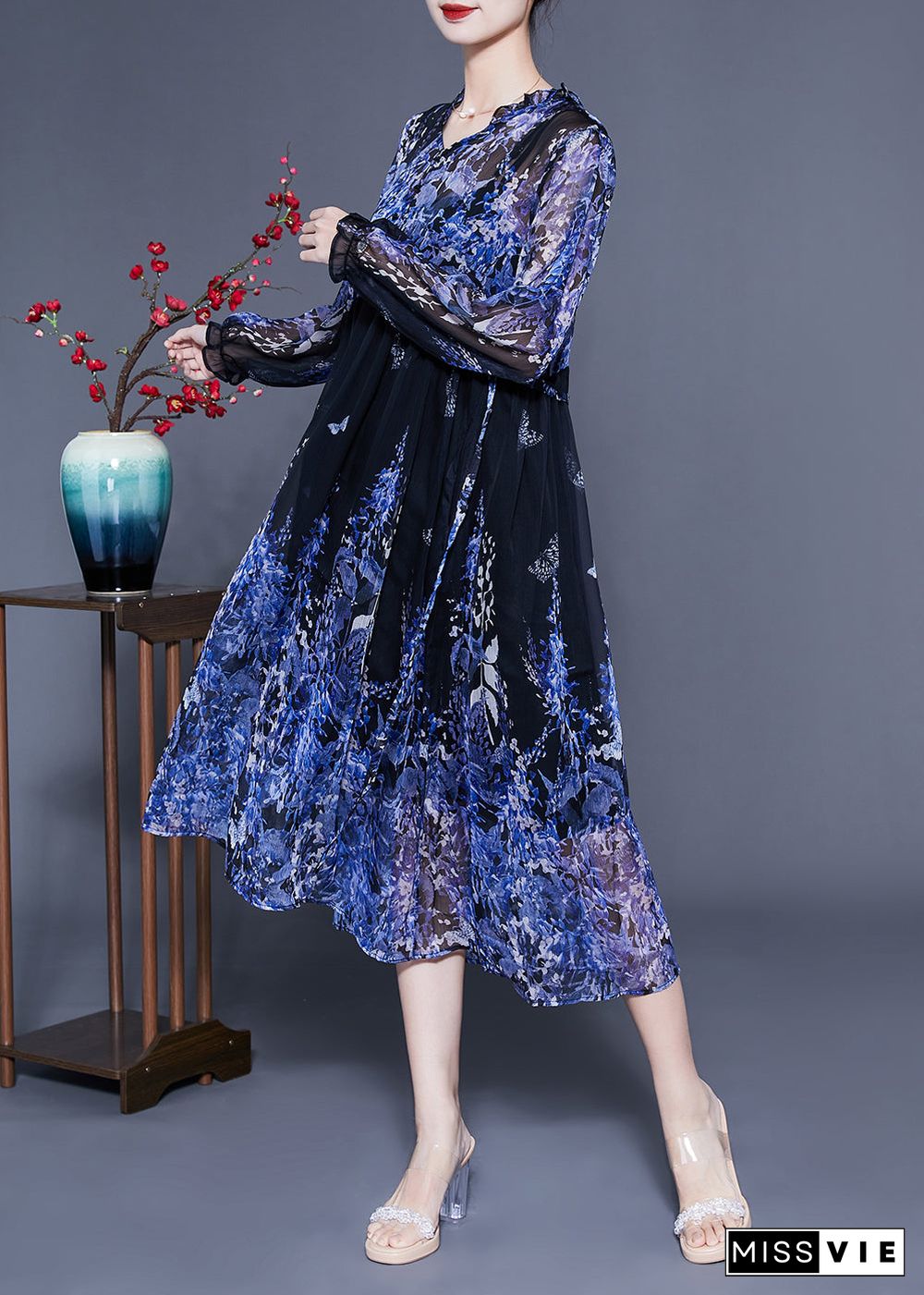 Bohemian Blue V Neck Ruffled Print Chiffon Holiday Dresses Two Piece Set Summer