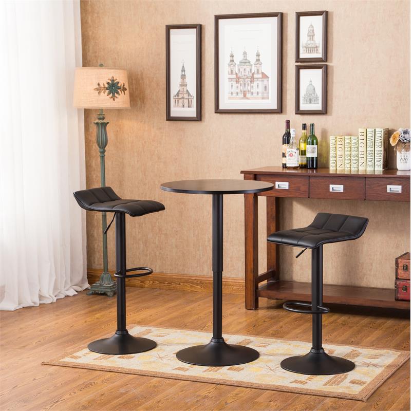 Roundhill Furniture Belham Black Round Top Adjustable Height Bar Table and 2 Swivel Black Bonded Leather Adjustable Bar Stool Bar Sets