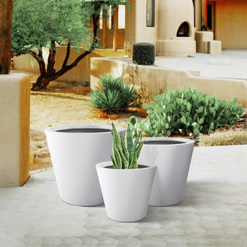 PLANTARA 18 in. x 15 in. x 13 in. D Solid White Concrete Plant Pot(Set of 3)， Modern Round planter， Outdoor Flower pot for Garden PA154S3-8011