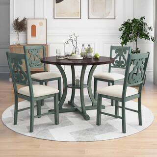 Delicately Crafted 5-Piece Round Antique Blue Wood Top Table Set Seats 4 with Hollow Chair Back ST-000056AAC