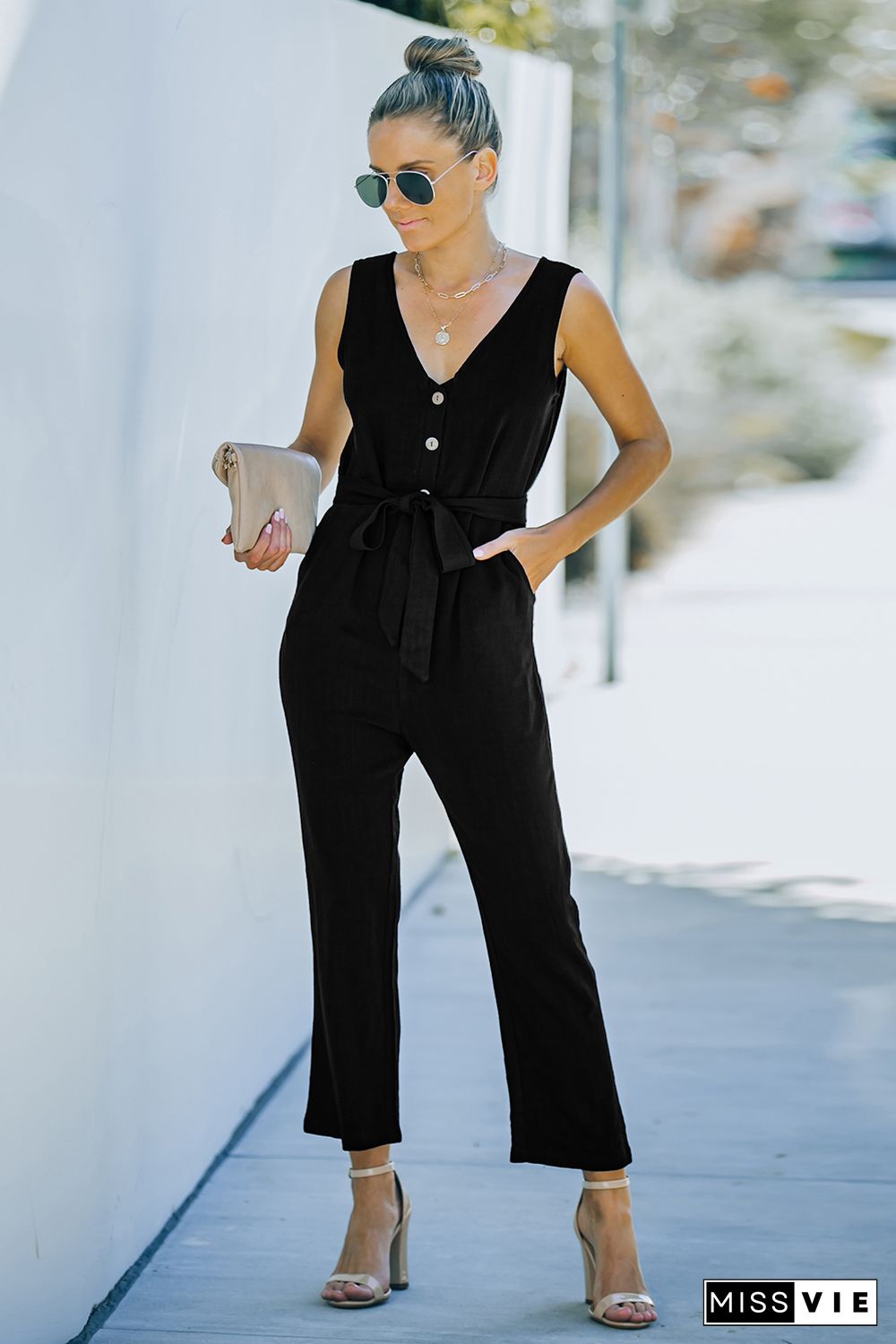 Black V Neck Button Belted Jumpsuit with Pockets