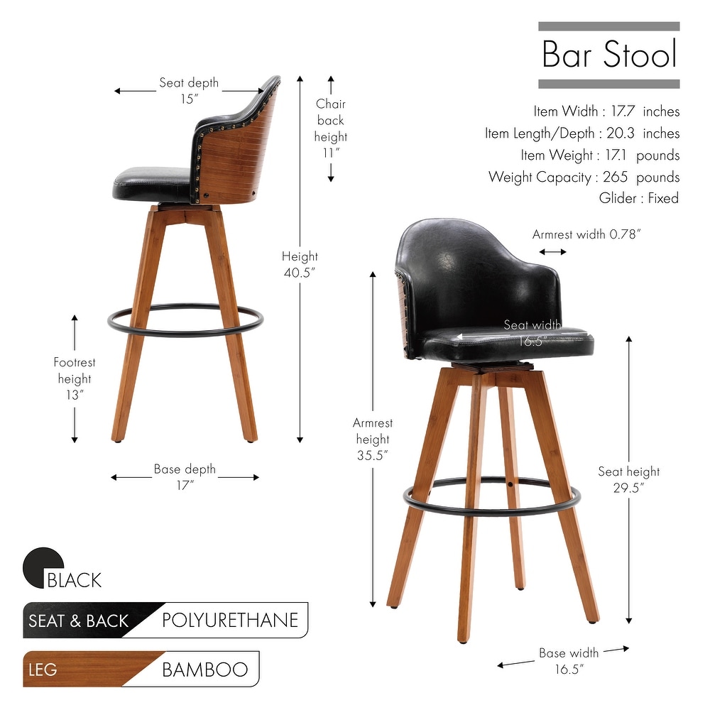 Porthos Home Idan Swivel Bar Stool  PU Leather Upholstery  Bamboo Legs