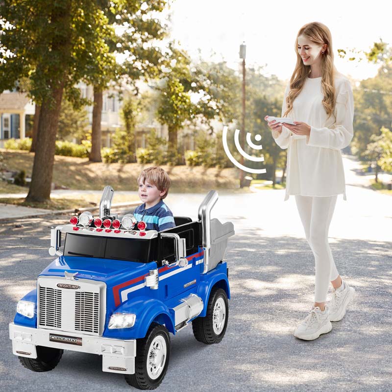 12V Licensed Freightliner Kids Ride On Truck, Battery Powered Trailer RC Riding Toy Car with Dump Box & Lights