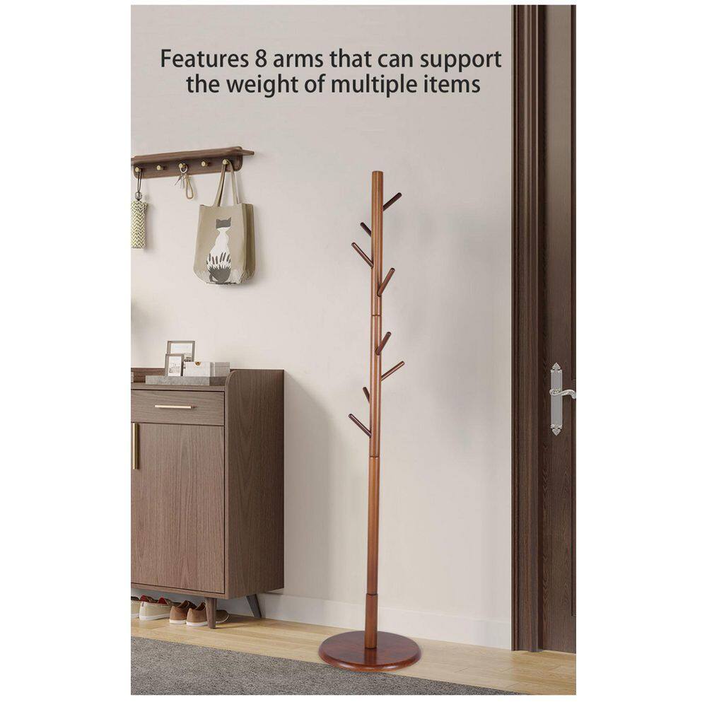 Aoibox 68.1 in. H Brown Entryway 8-Hooks Freestanding Beech Coat Rack Stand Hall Tree 3-Adjustable Height HDDB965