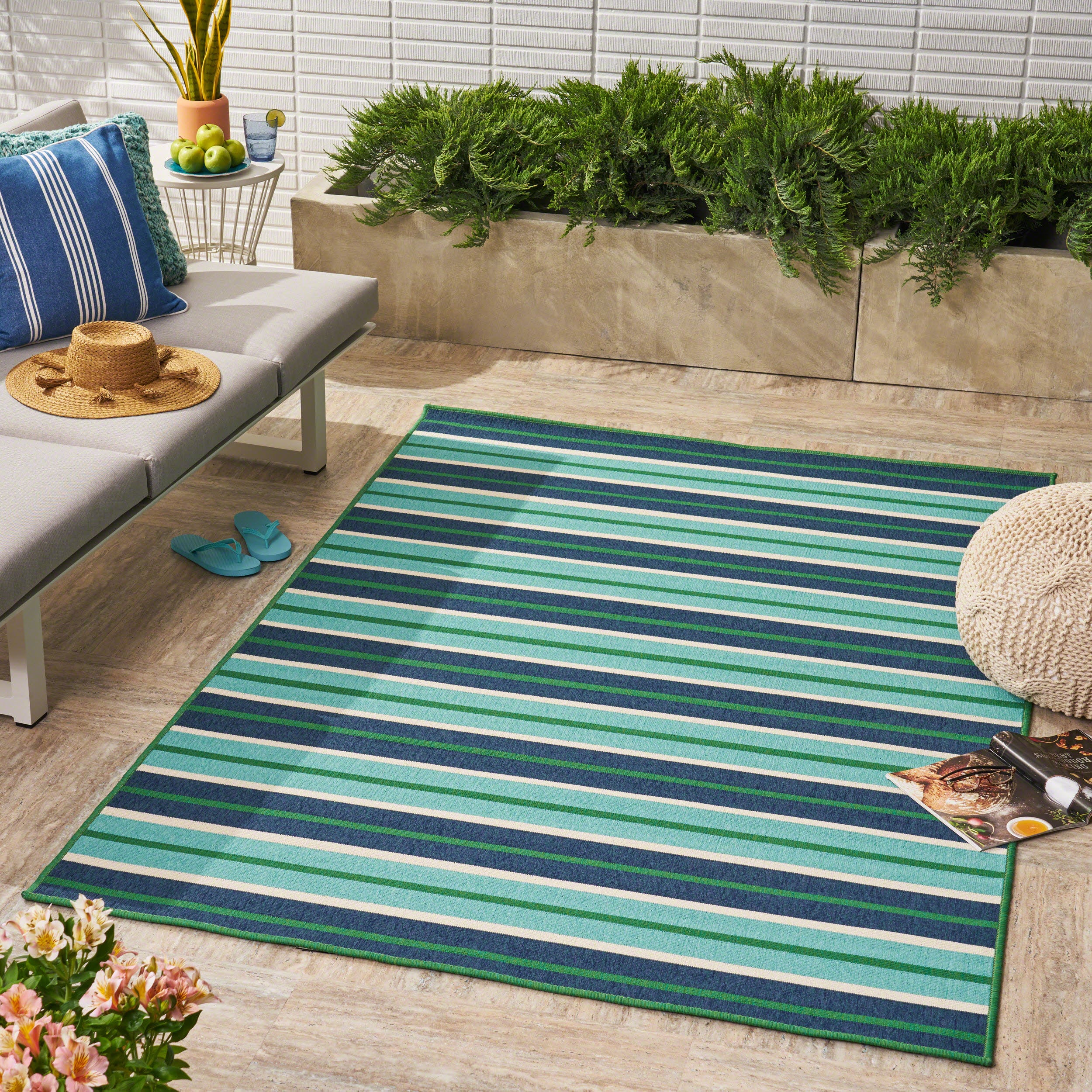 Khaidyn Outdoor Modern Striped Blue and Green Rectangular Area Rug