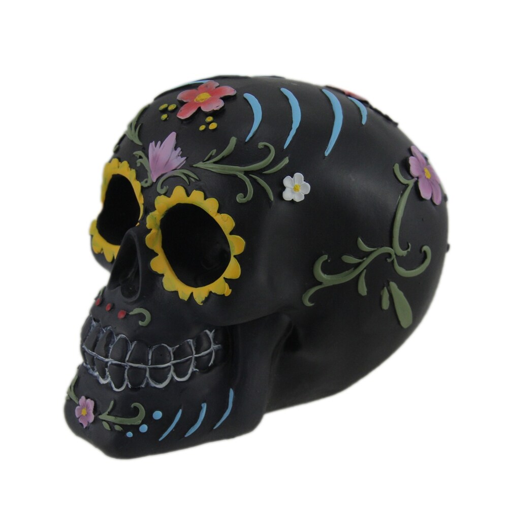 Hand Painted Black Day Of The Dead Sugar Skull Statue   4.25 X 5.5 X 4 inches