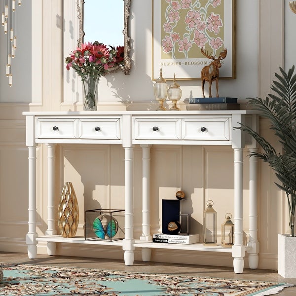 Classic Accent Console Table with 2 Storage Drawers， Bottom Shelf， Elegant Tapered Legs and Round Knobs Deco， Ivory