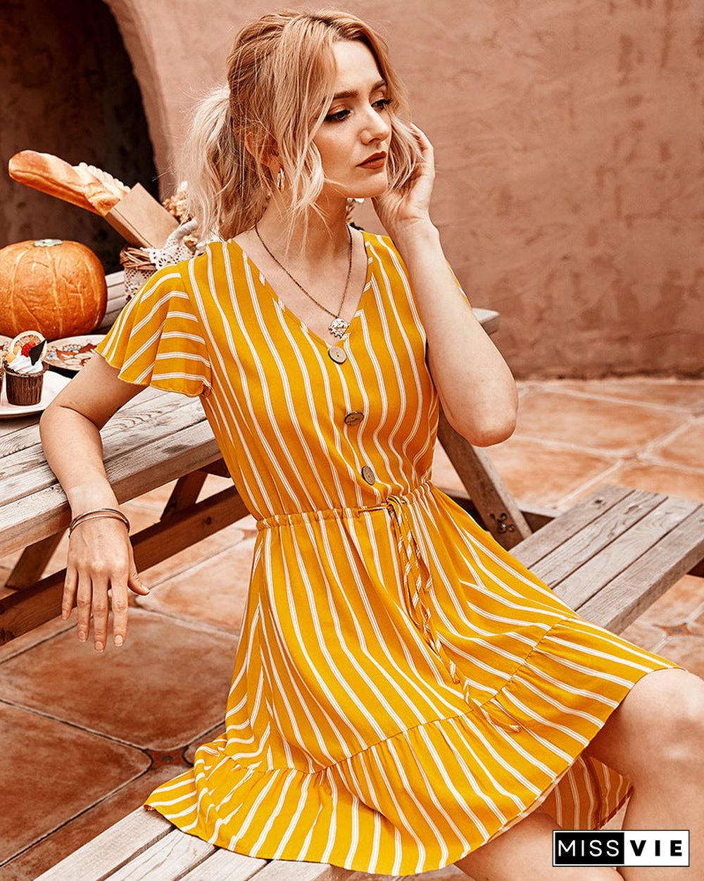 Short Sleeve Striped Short Dress