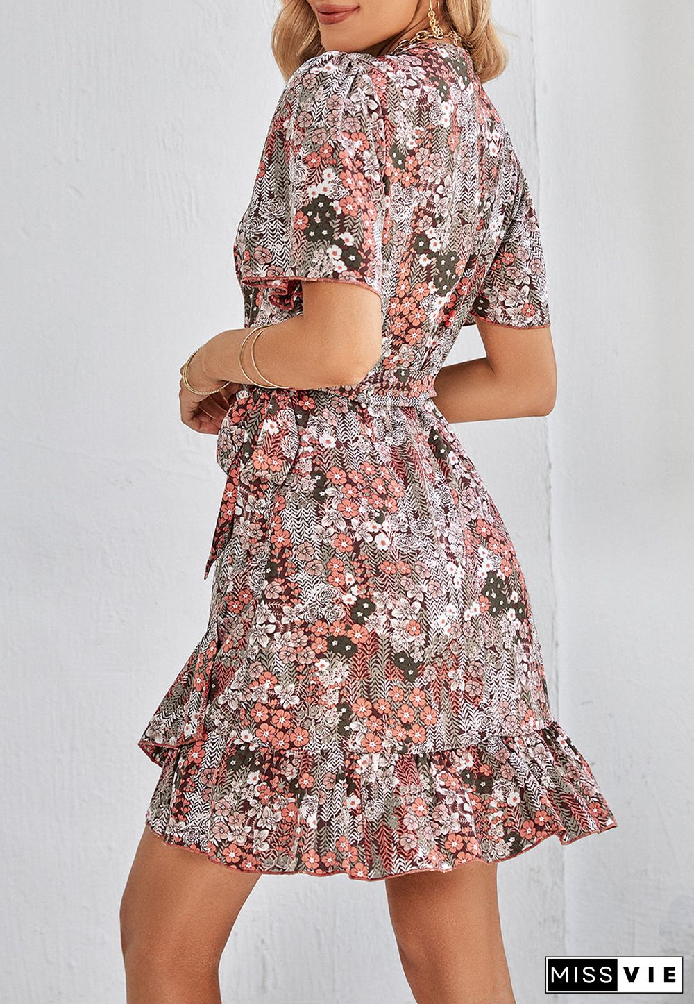 Floral Print Ruffle Hem Wrap Dress