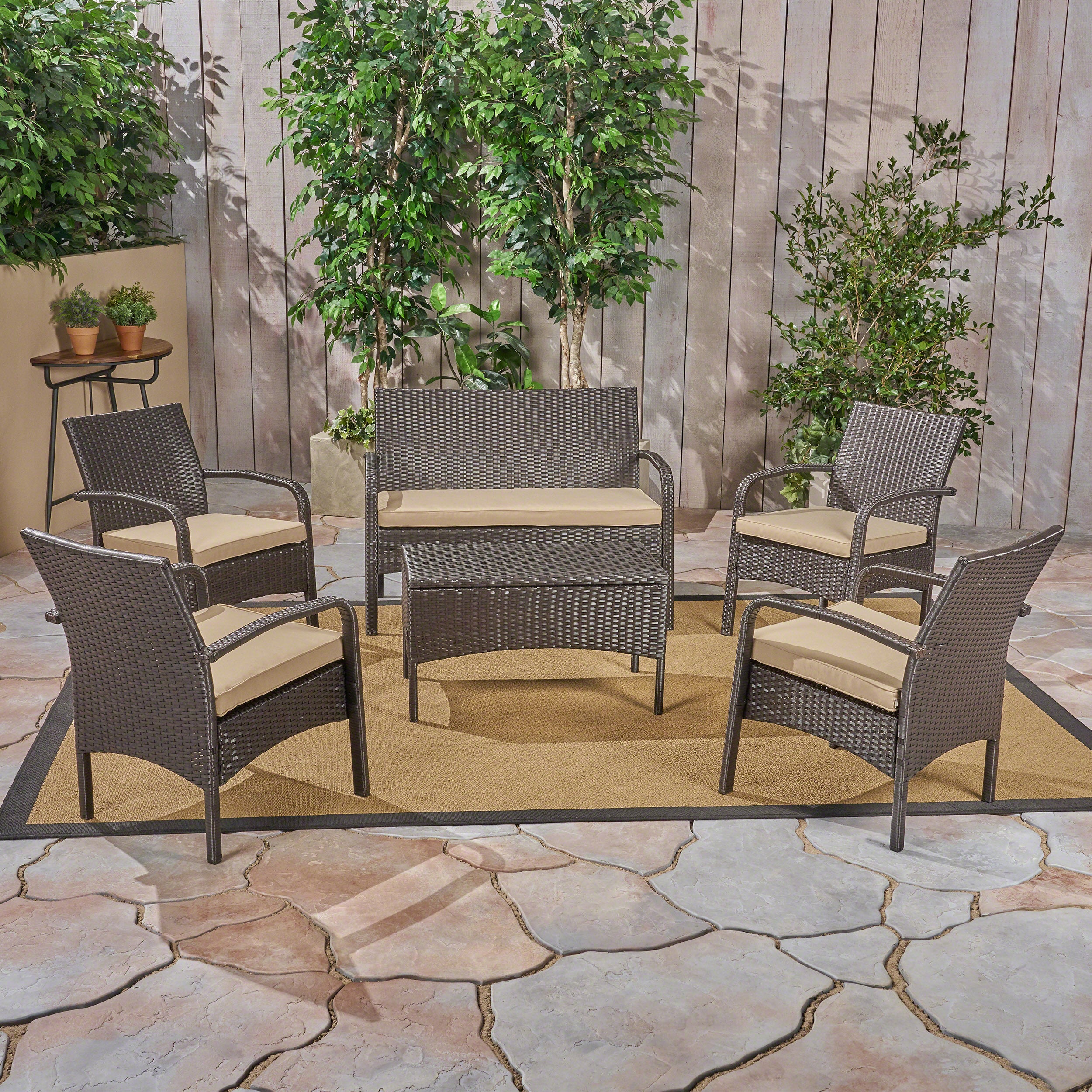 Mavis Patio Conversation Set, 6-Seater with Loveseat, Club Chairs, and Coffee Table, Brown Wicker with Tan Outdoor Cushions