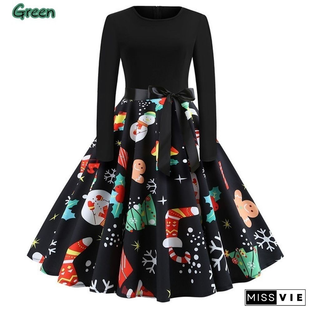 Fashion Women's Christmas Swing Party Dress Printing Long Sleeve Festival Prom Belt Dresses Evening Round Collar Halloween Female Dress.