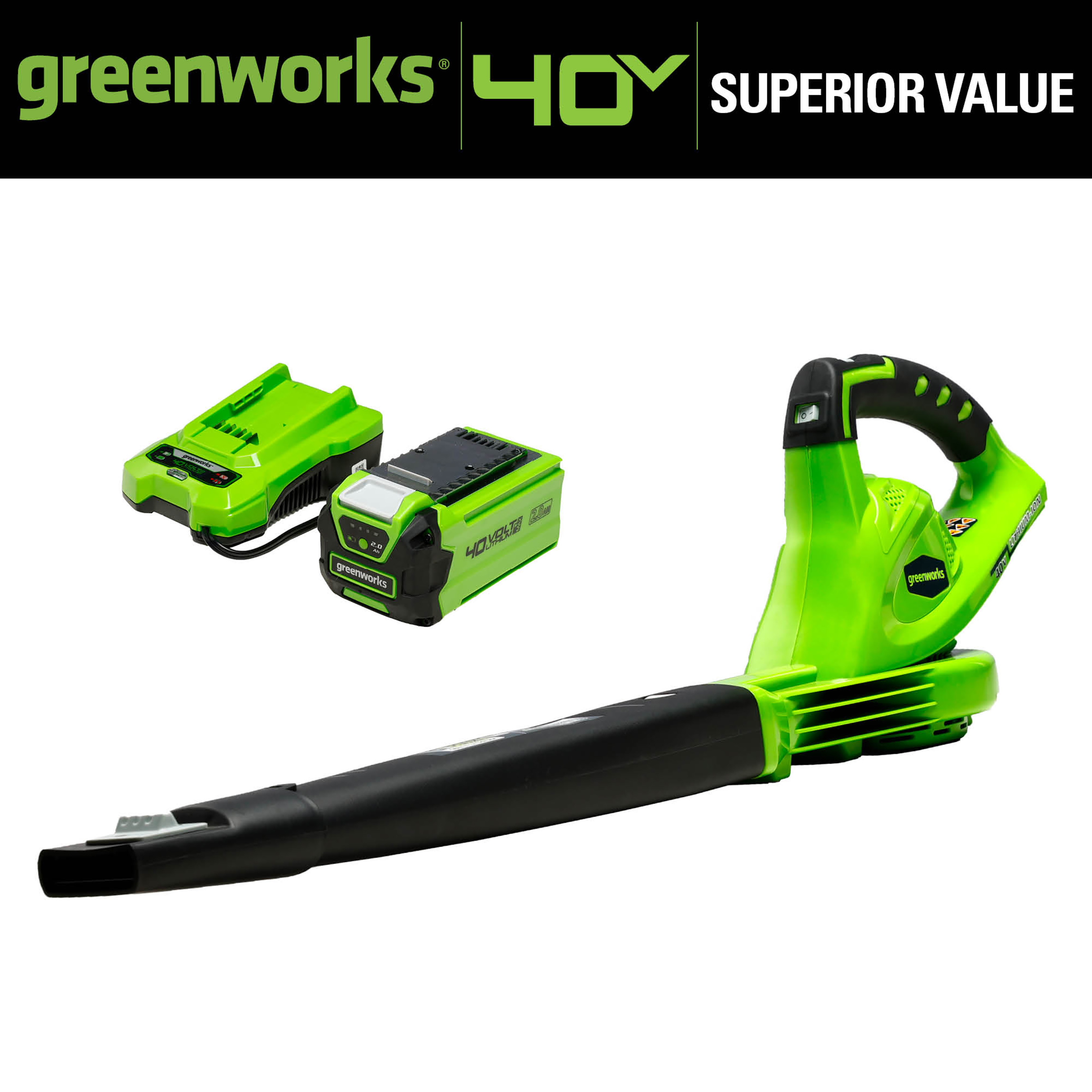 Greenworks 40V 135 CFM Leaf Blower/Sweeper w/2.0 Ah Battery， 24252