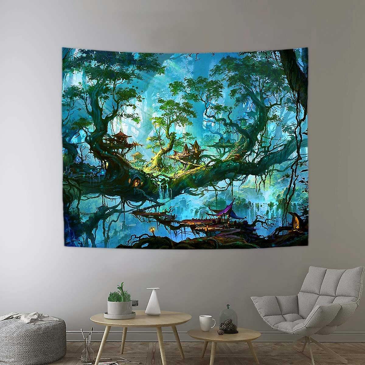 Fantasy Fairy Forest Tapestry Elven Kingdom Elf Tree House Wonderland Backdrop Tapestries Fairy Tale World Wall Tapestry Nature Magic Tree Tapestry， K