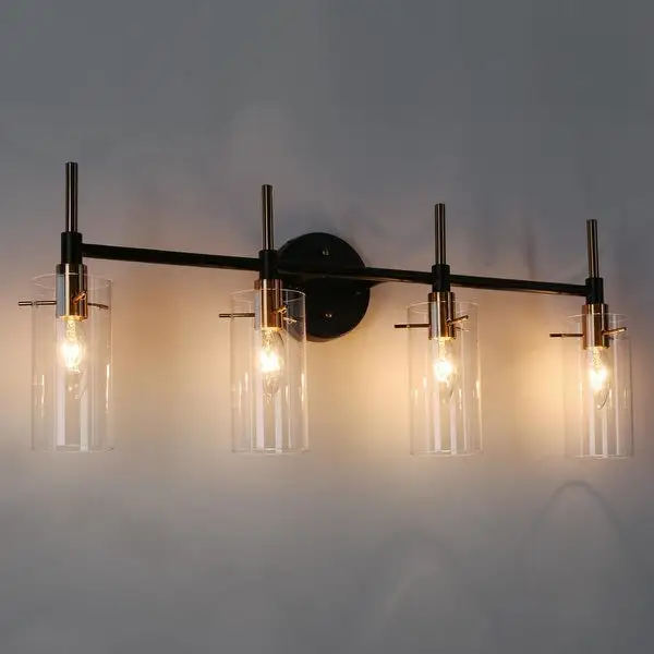 Modern Black Gold Bathroom Vanity Light Dimmable Wall Sconces with Cylinder Glass