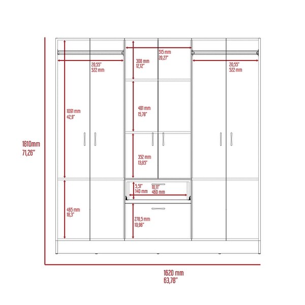 6-Door 1-Drawer Wardrobe Closet with Drawers and Shelves， Armoire Wardrobe Closet with Hanging Rod， Bedroom Armoire Closet - - 37828084