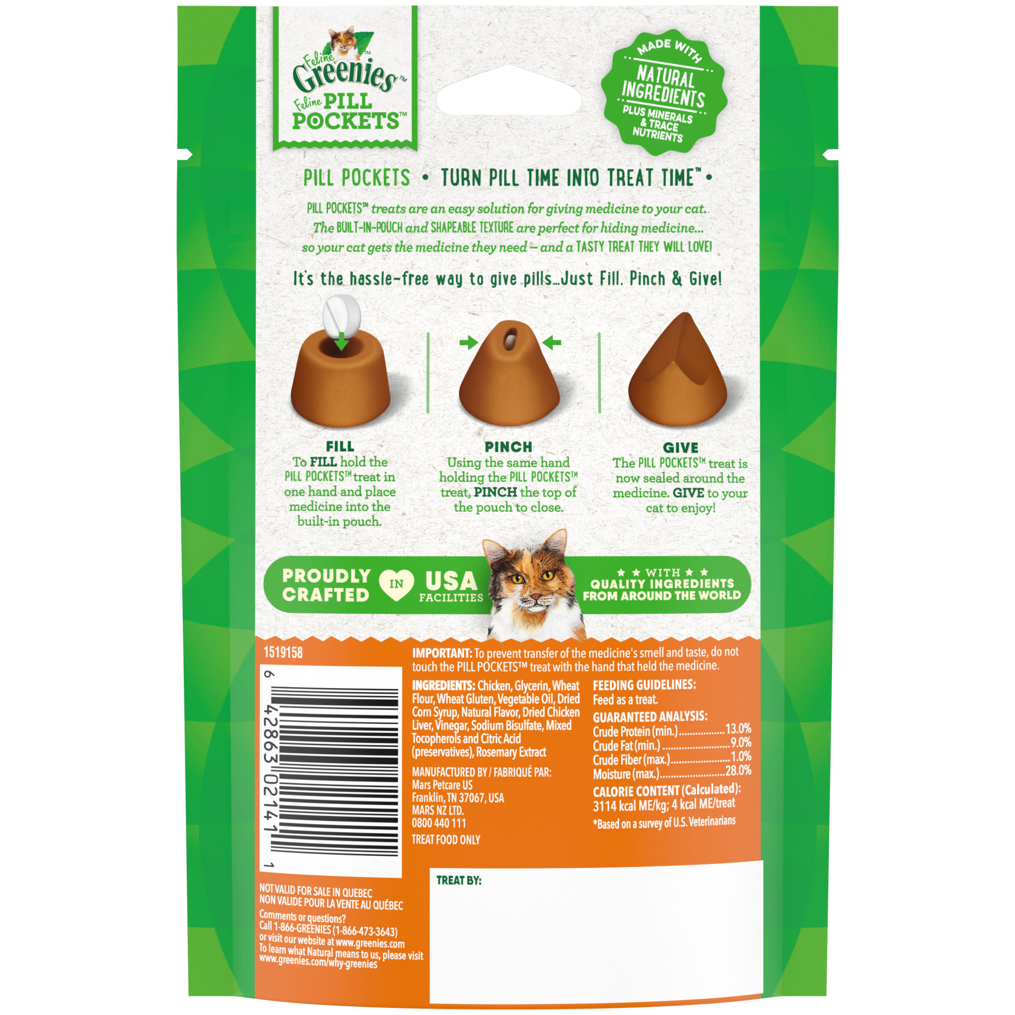 Greenies Pill Pockets Chicken Flavor Natural Soft Cat Treats， 3 oz.