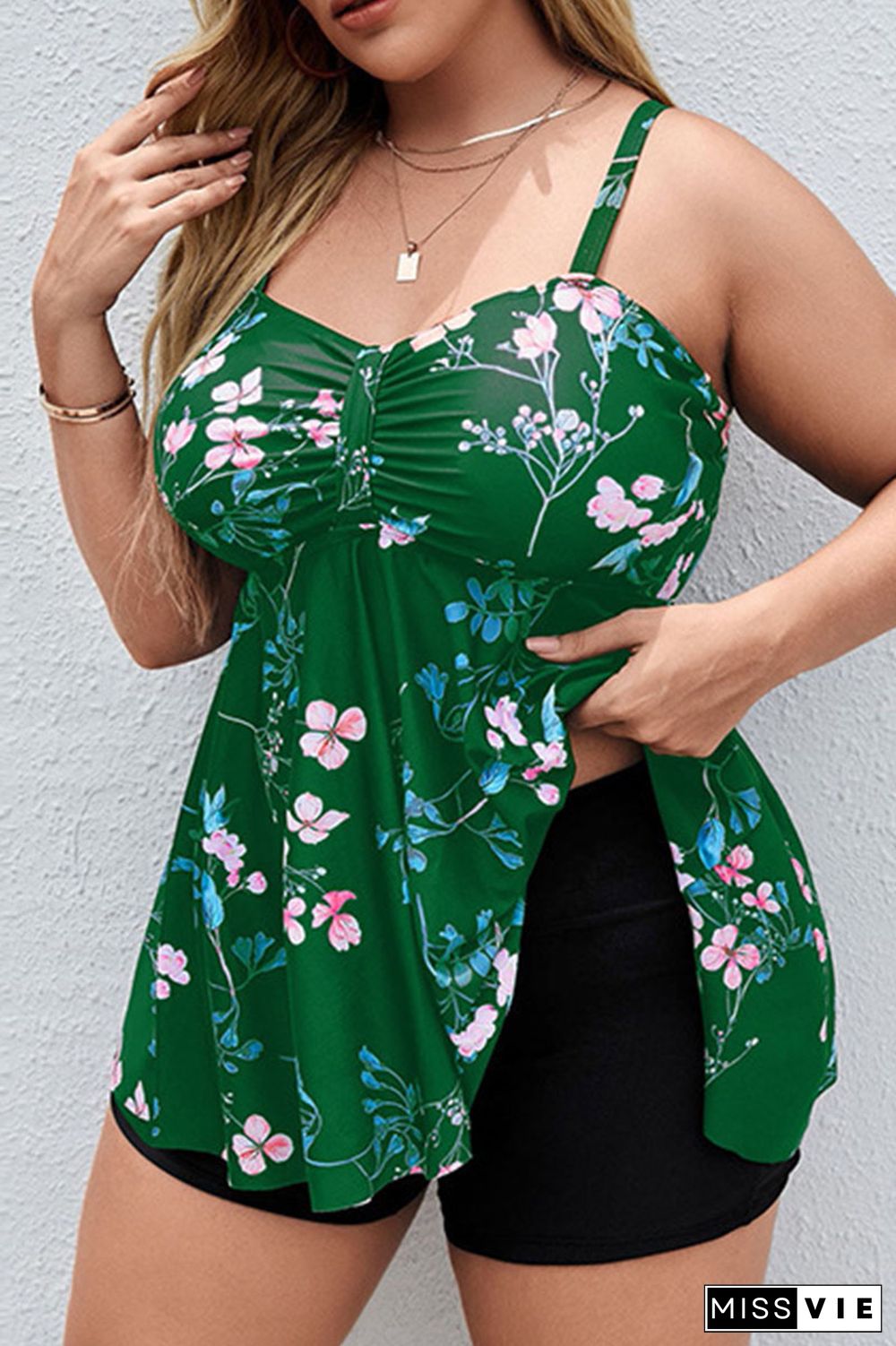 Tibetan Blue Sexy Print Patchwork Spaghetti Strap Plus Size Tops