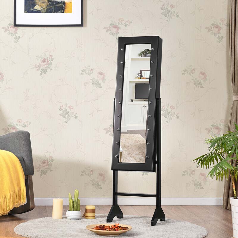 18 LEDs Large Standing Jewelry Armoire Cabinet with Full Length Mirror, 16 Lipstick Holder, 1 Inside Makeup Mirror