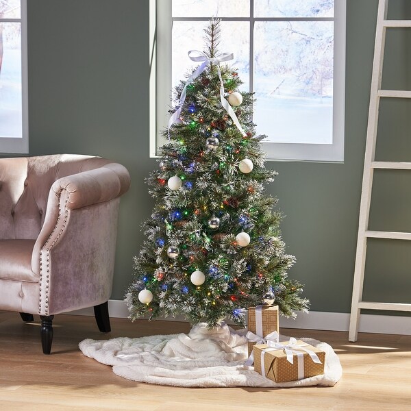 Roomfitters Artificial Christmas Tree with Multicolor LED Lights，White Ornaments，and Ribbon Topper，Frosted Pine Needles