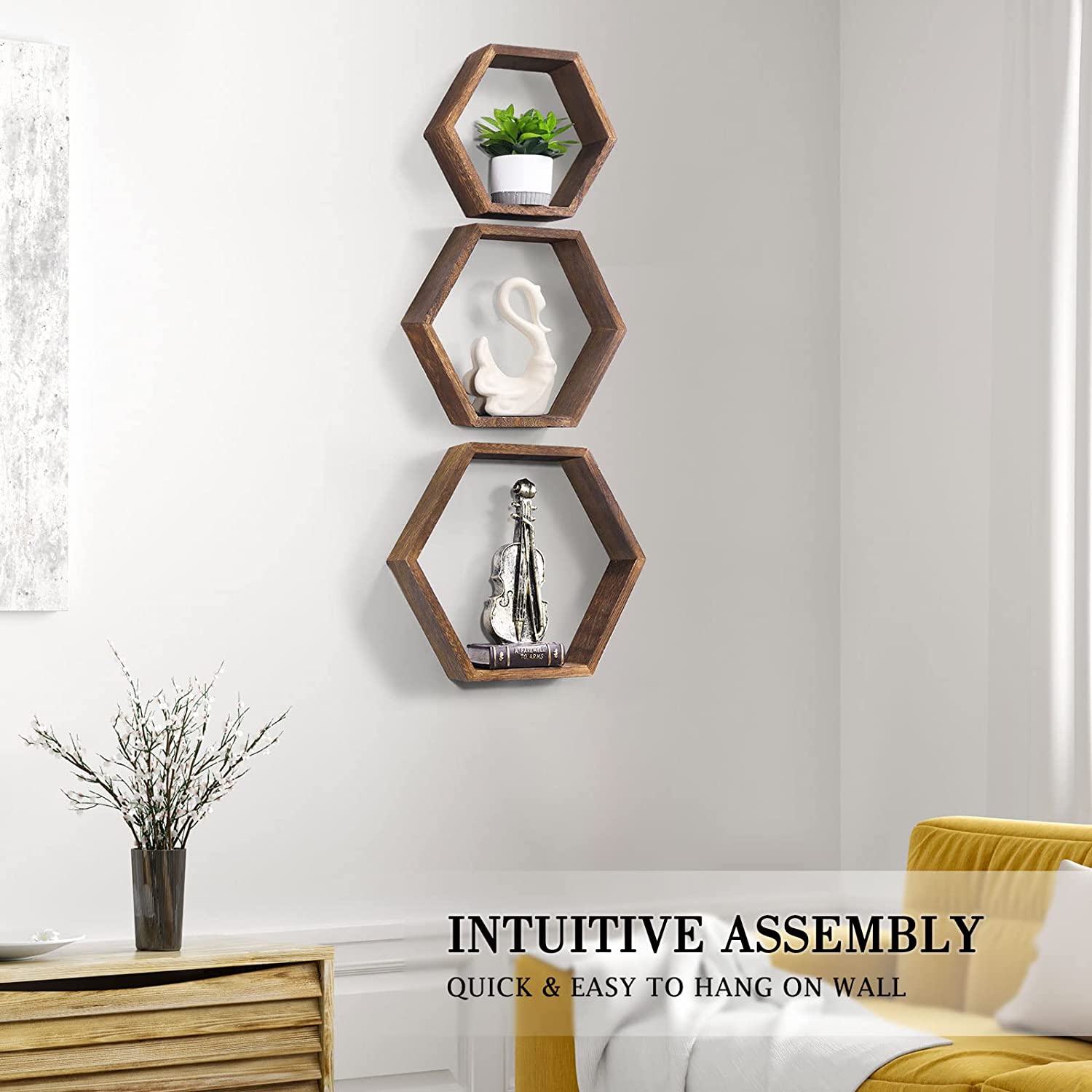 Hexagon Floating Shelves Set of 6 Honeycomb Shelves for Wall, Brown