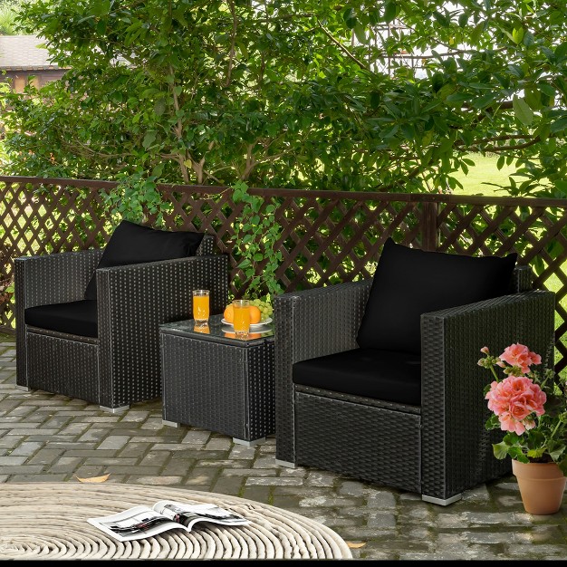 Costway 3pcs Patio Rattan Wicker Furniture Set Sofa Table W cushion Yard Red turquoise Navy black