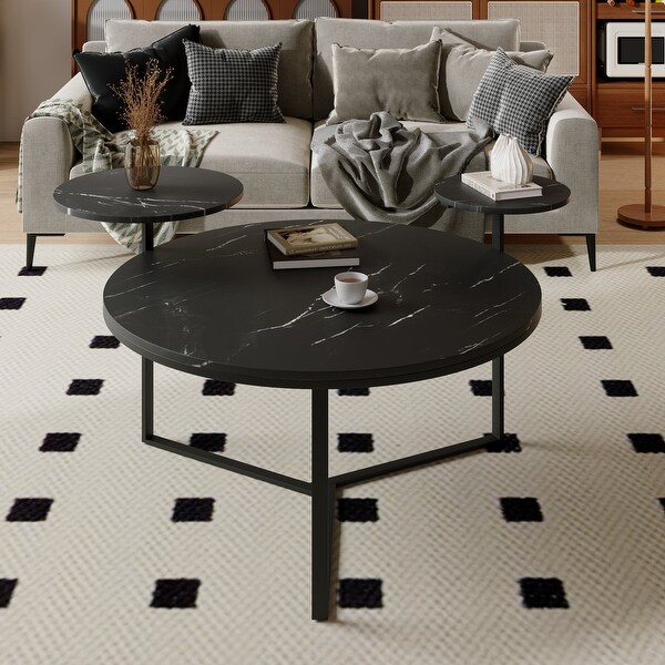 Modern coffee table with two display shelves，Black Faux marble surfaces，Tripodinspired base and Rounded tabletop edges