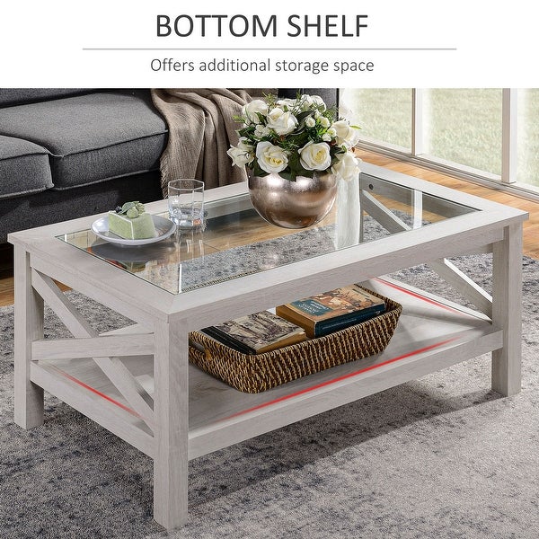 Traditional Coffee Table w/Wood Frame， Tempered Glass Tabletop， White Oak