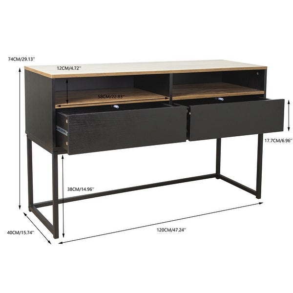 Console Sofa Table with 2 Open Shelves and 2 Drawers for Living Room， Brown (47.24''x15.75''x29.13'')