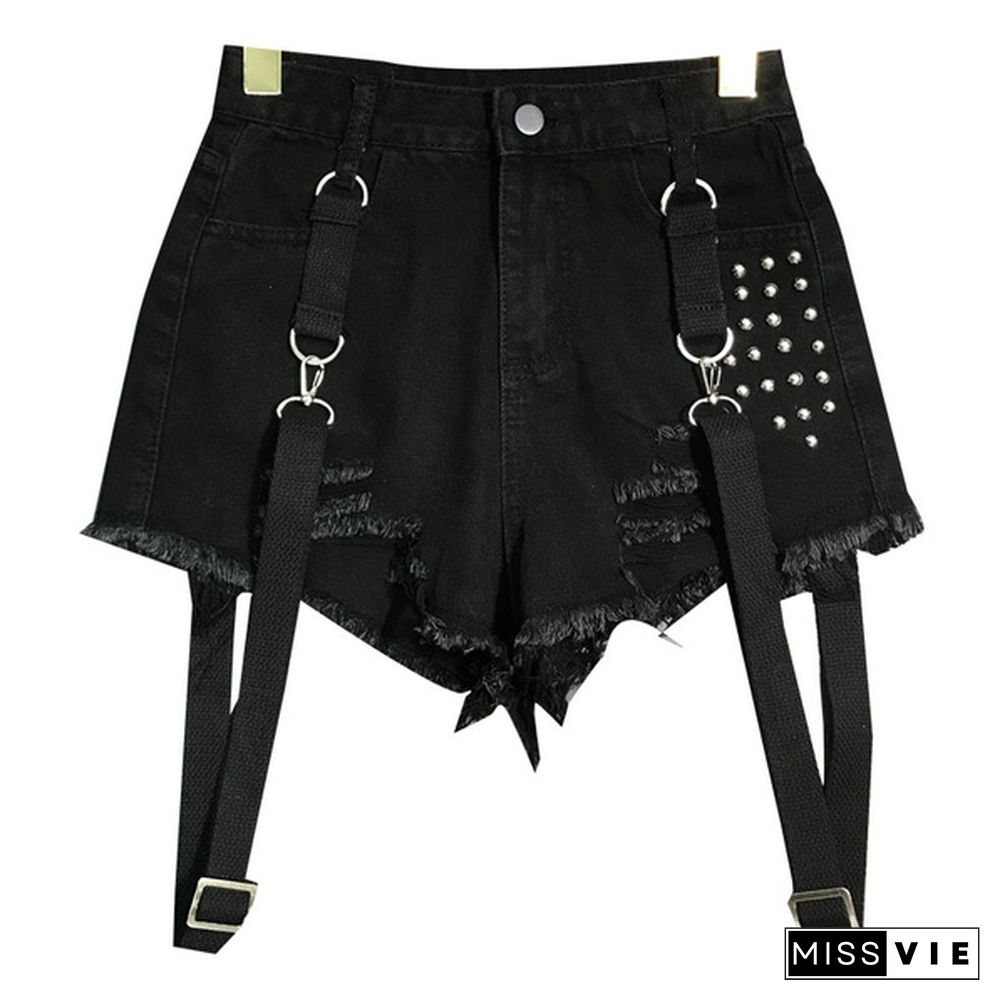 Women Denim Hot Pants Shorts Mini Jeans Rivet Removable Strap Tassels Gothic Punk Sexy