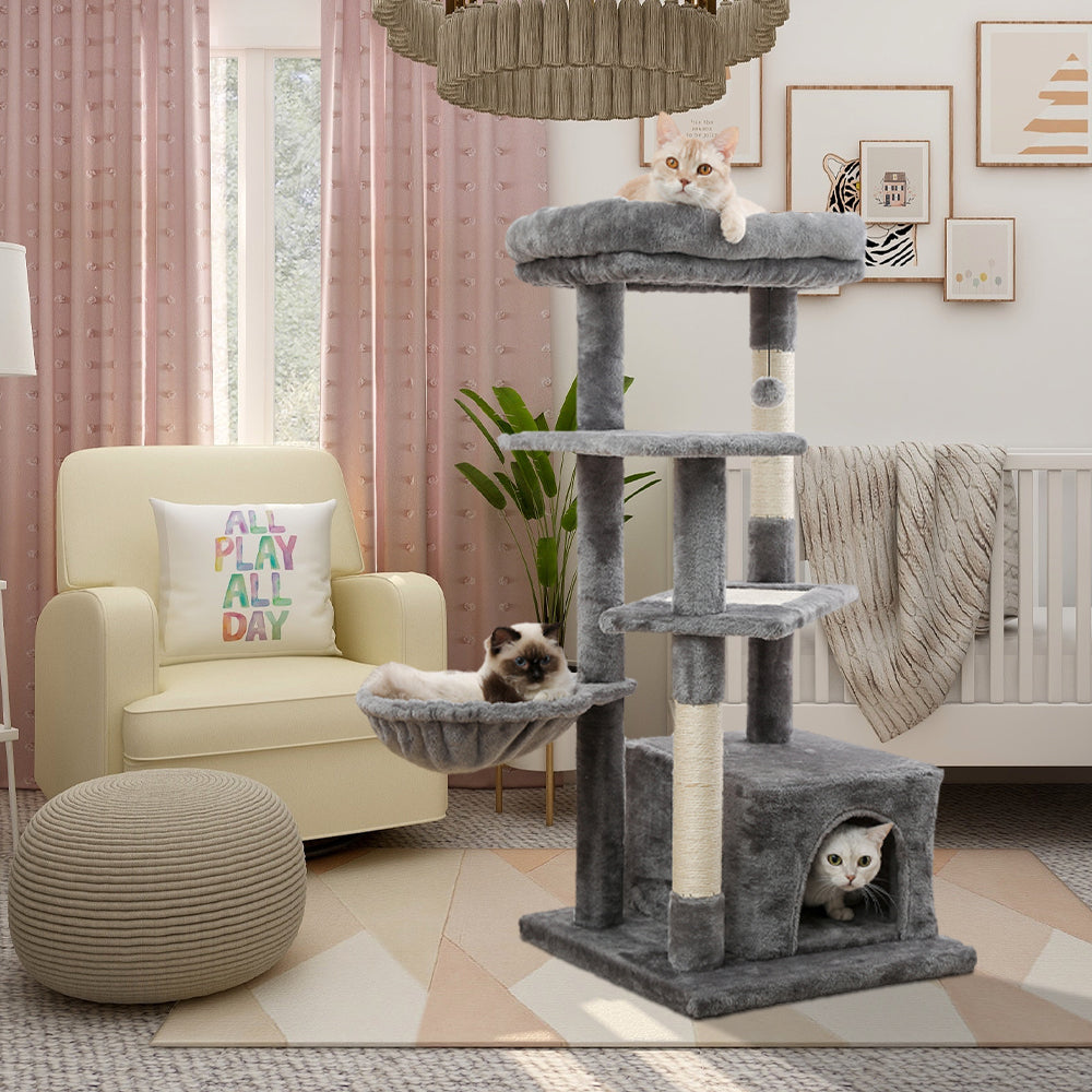 Cat Tree for Indoor Cats， 42 Inches Multi-Level Cat Tower with Sisal Covered Scratching Posts， Spacious Condo， Cozy Hammock and Plush Top Perch